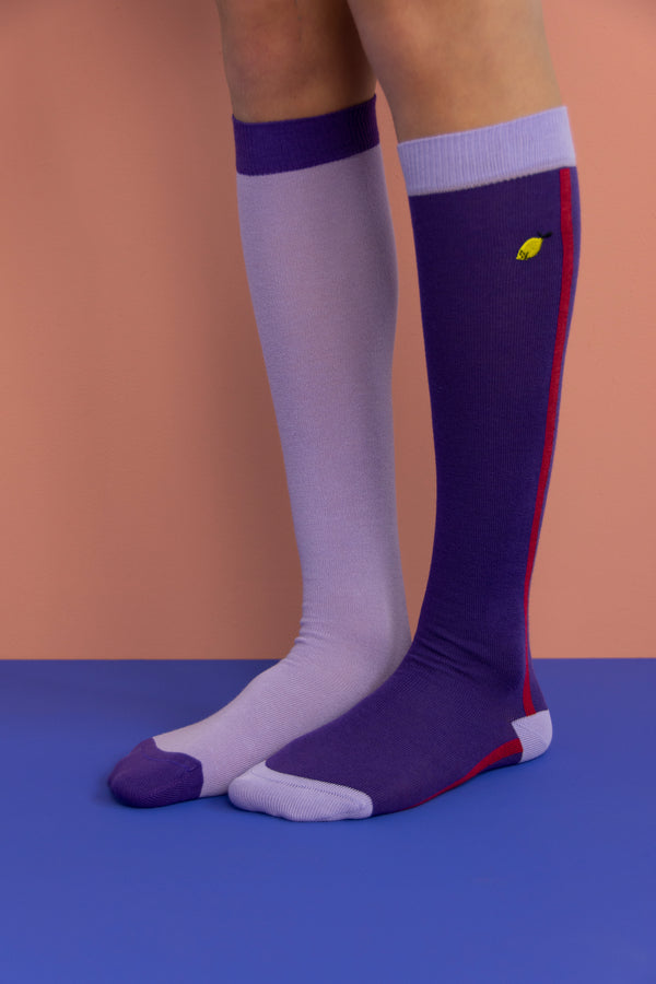 sticky lemon knee high socks | colourblocking | lobby purple + moustafa purple | size 22-24