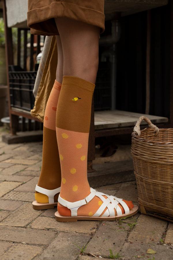 sticky lemon knee high socks | coloured freckles | faded orange + caramel fudge