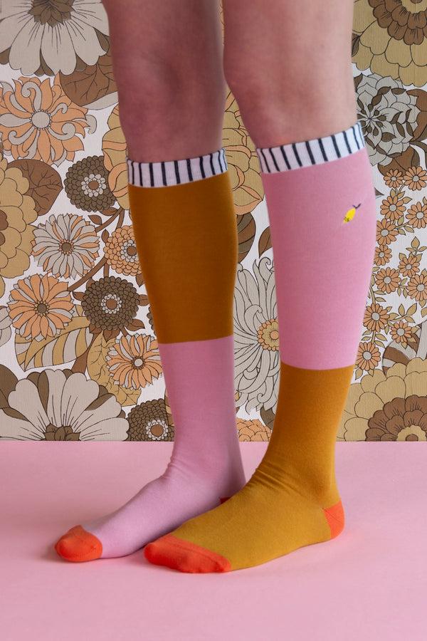 sticky lemon knee high socks | duo tone | dusty pink + dijon