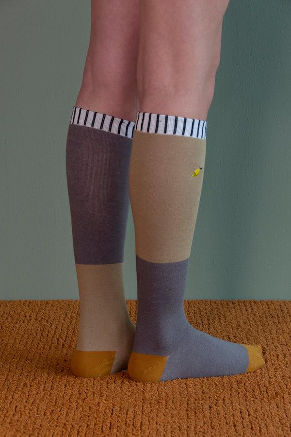 Sticky Lemon Knee High Socks | Duo Tone | Woody Green + Pigeon Blue
