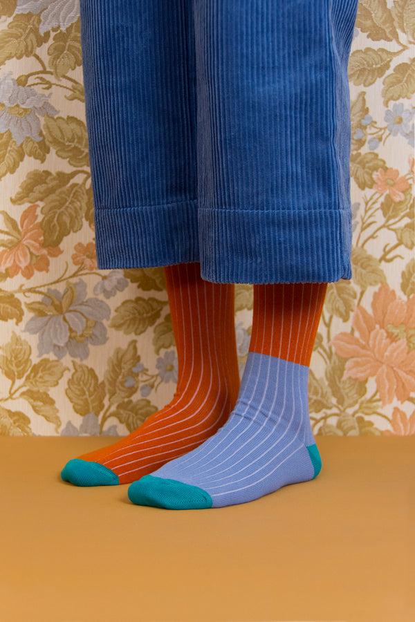 sticky lemon knee high socks | duotone | steel blue + brick