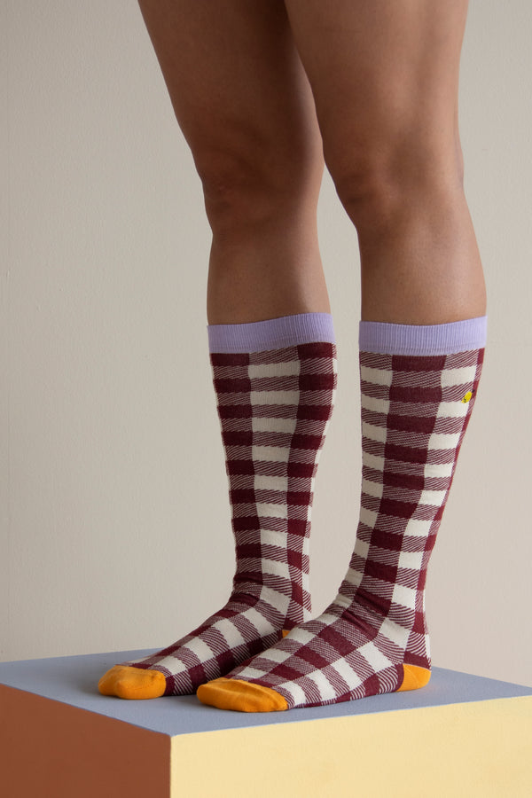 sticky lemon Knee high socks | gingham | chocolate sundae + mauve lilac