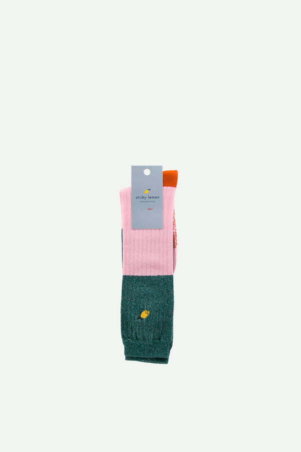 Sticky Lemon Knee High Socks | Glitter | Bottle Green + Soft Pink | Size 22-24