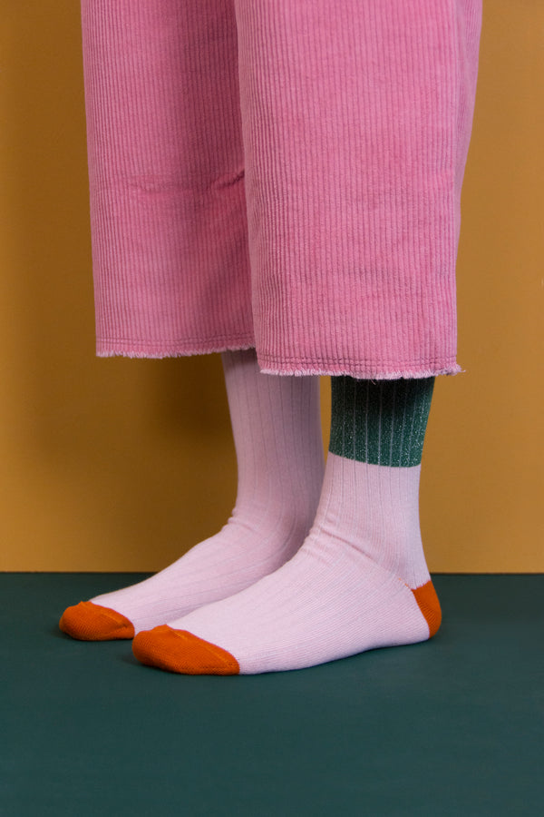 sticky lemon knee high socks | glitter | bottle green + soft pink | size 22-24