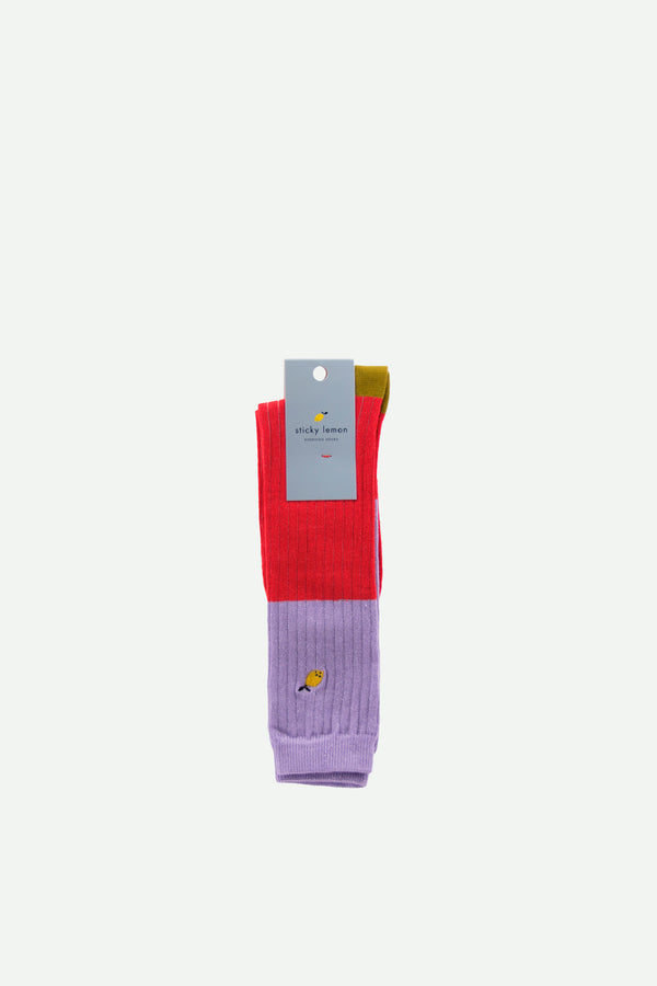 Sticky Lemon Knee High Socks | Glitter | Lavender + Sporty Red