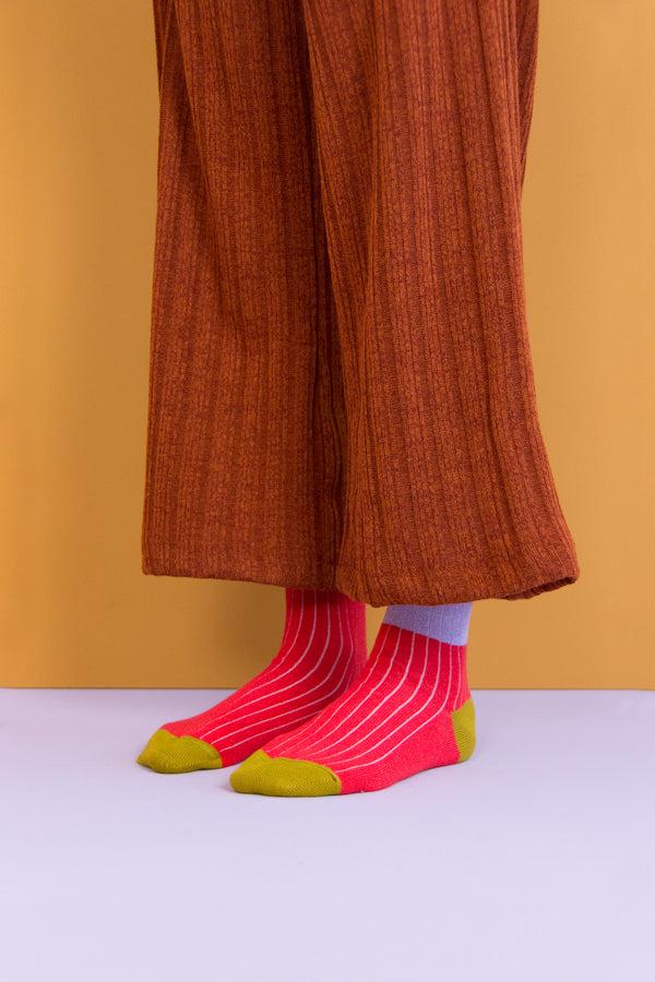 sticky lemon knee high socks | glitter | lavender + sporty red