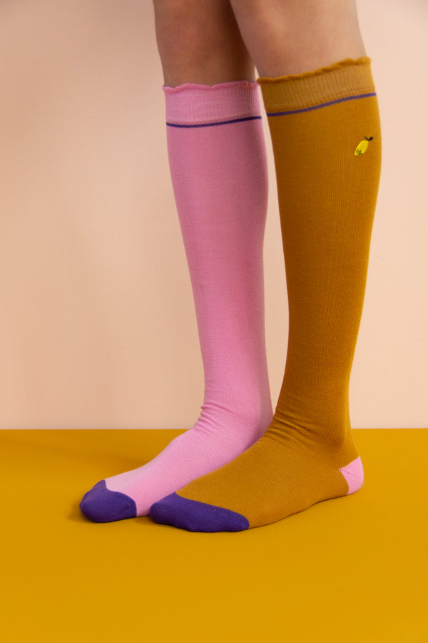 sticky lemon knee high socks | special edition | panache gold + puff pink