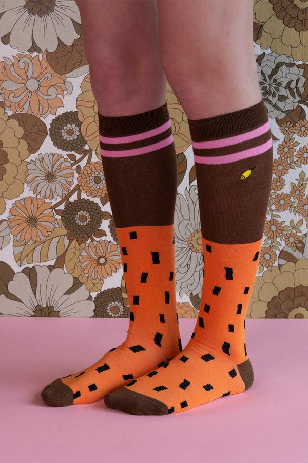 sticky lemon knee high socks | sprinkles | carrot orange + syrup brown