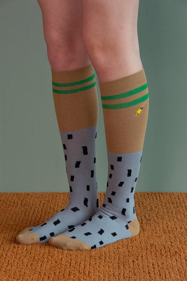 sticky lemon knee high socks | sprinkles | steel blue + brassy green