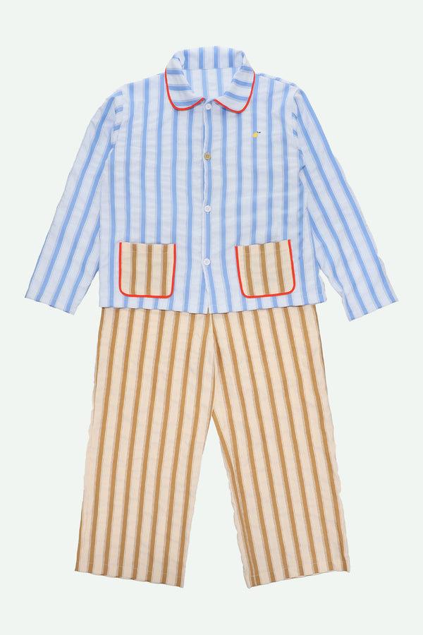 sticky lemon pyjamas | stripes | zissou blue + ray brown