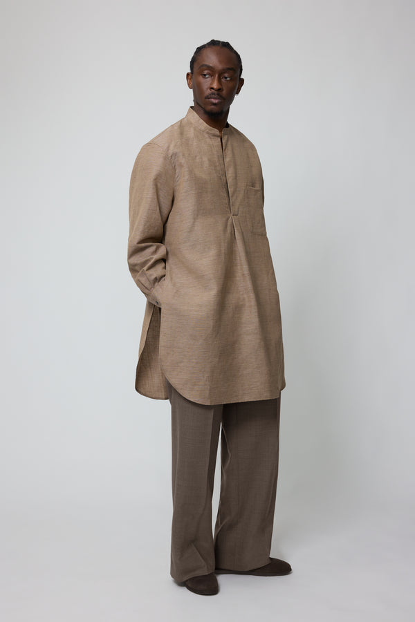 Stòffa Band Collar Long Shirt (Clay Linen Cotton Slub)