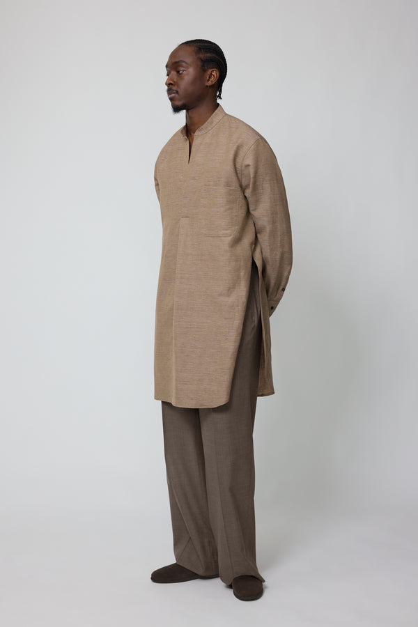 stòffa Band Collar Long Shirt (Clay Linen Cotton Slub)
