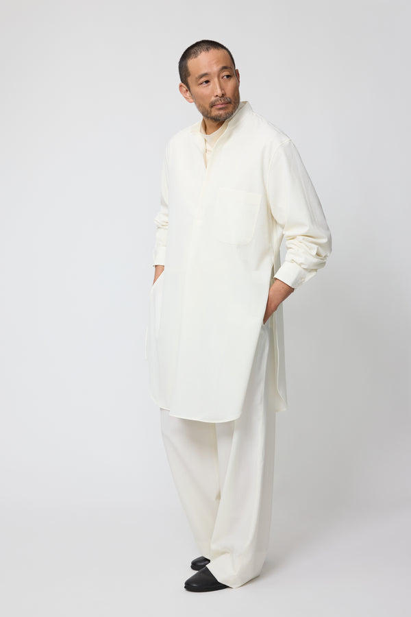 stòffa Band Collar Long Shirt (Ivory Wool Seersucker)