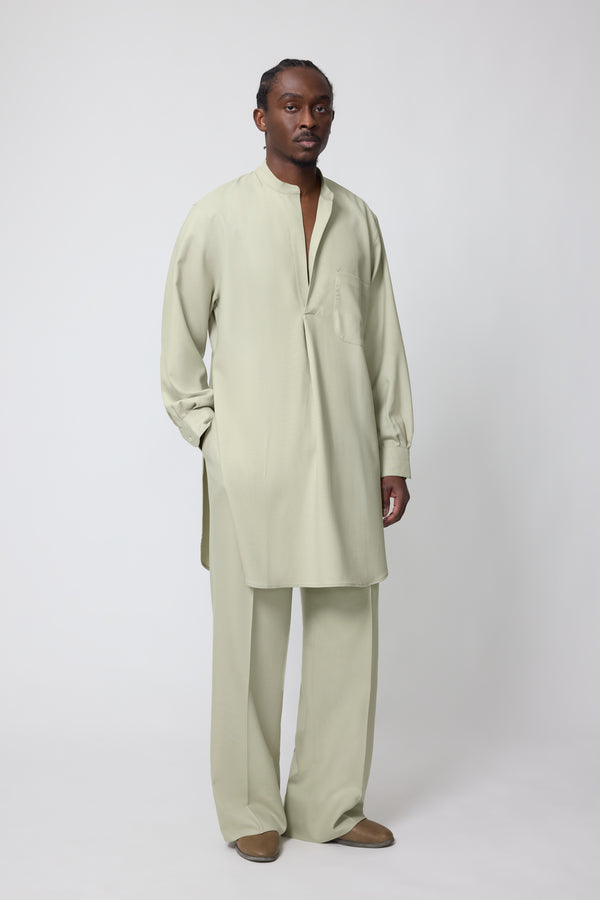 stòffa Band Collar Long Shirt (Pistachio Tropical Wool Silk)