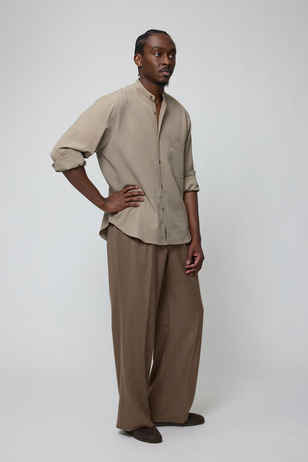 Stòffa Band Collar Shirt (Taupe Brushed Silk Cotton Linen)