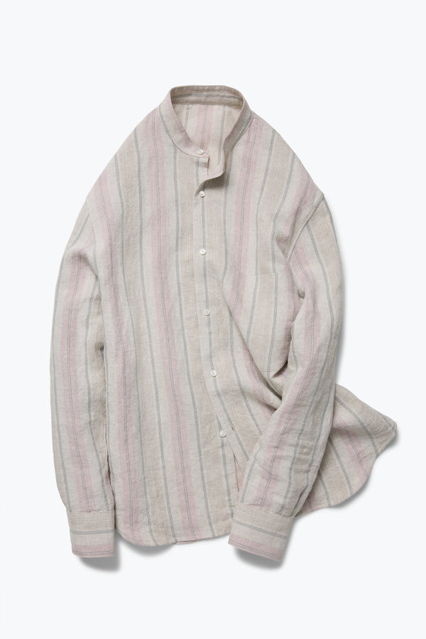 Stòffa Band Collar Shirt (Taupe Multi Stripe Linen Silk Slub)