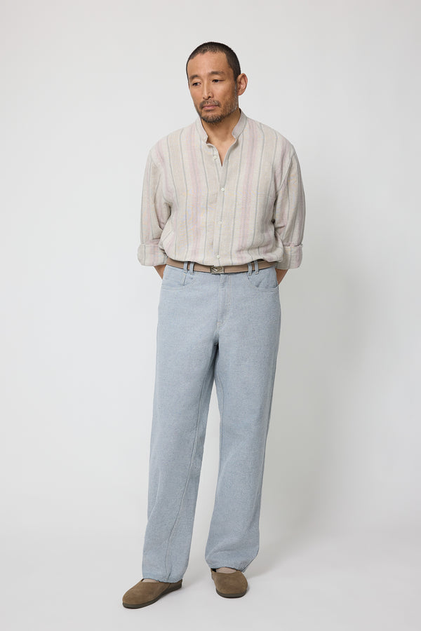 Stòffa Band Collar Shirt (Taupe Multi Stripe Linen Silk Slub)