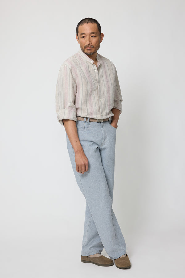 stòffa Band Collar Shirt (Taupe Multi Stripe Linen Silk Slub)