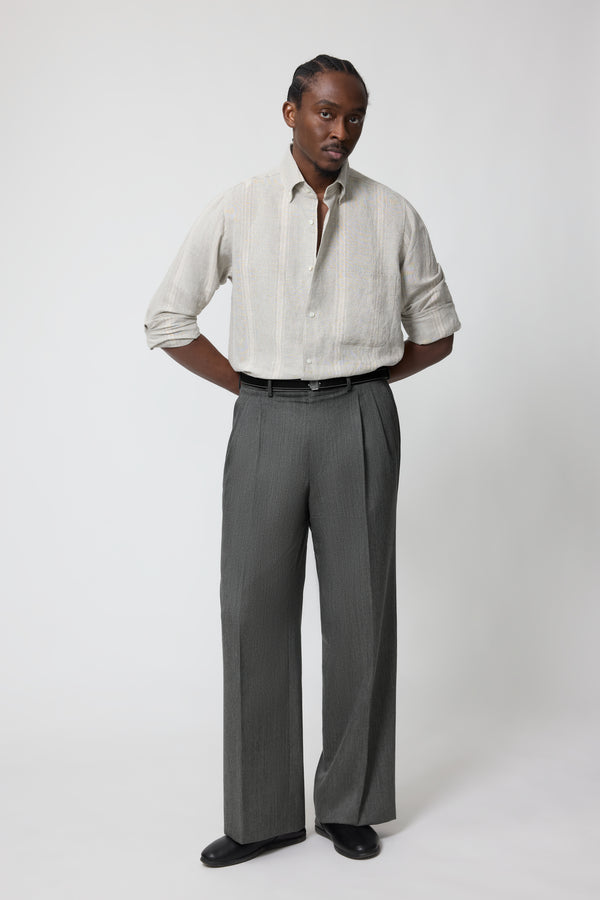 stòffa Button Down Collar Shirt (Lichen with Taupe Stripe Linen Silk Slub)