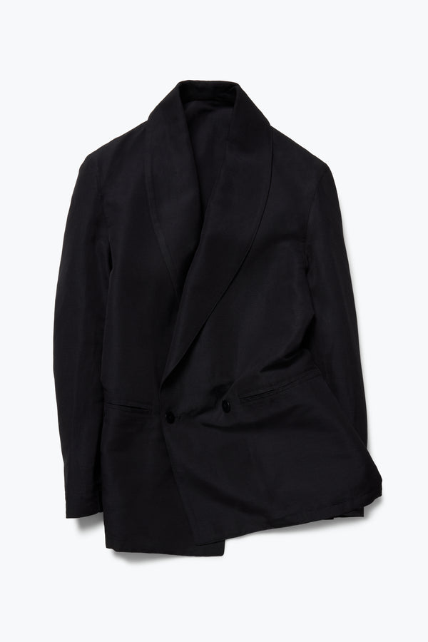 Stòffa Shawl Collar Double Breasted Shirt Jacket (Black Linen Silk Ottoman)