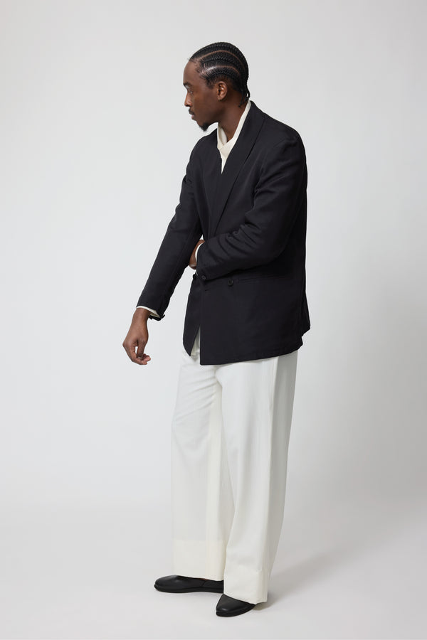 Stòffa Shawl Collar Double Breasted Shirt Jacket (Black Linen Silk Ottoman)