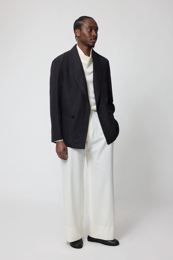 stòffa Shawl Collar Double Breasted Shirt Jacket (Black Linen Silk Ottoman)