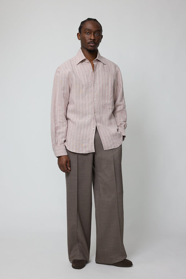 stòffa Spread Collar Shirt (Berry Stripe Linen Silk Slub)