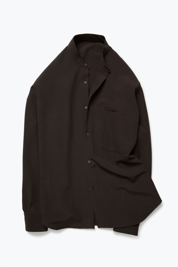 Stòffa Band Collar Shirt (Chocolate Wool Seersucker)