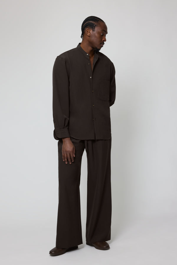 Stòffa Band Collar Shirt (Chocolate Wool Seersucker)