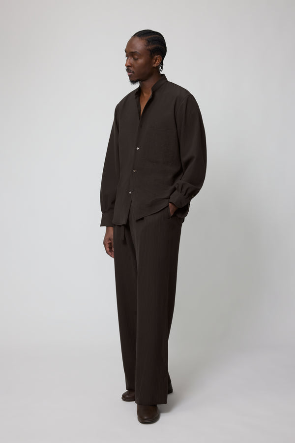 stòffa Band Collar Shirt (Chocolate Wool Seersucker)