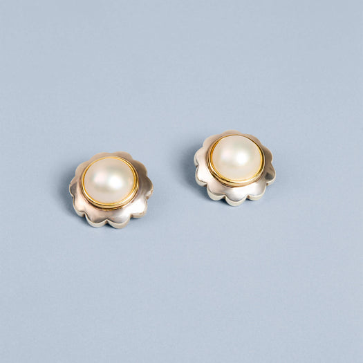 Stone And Strand Vintage Silver Pearl Flower Clip On Earrings