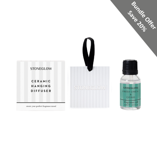 stoneglow Modern Classics - Bundle - Fresh Linen & Citrus Fragrance Oil & Ceramic Square Hanging Diffuser Giftset Bundle