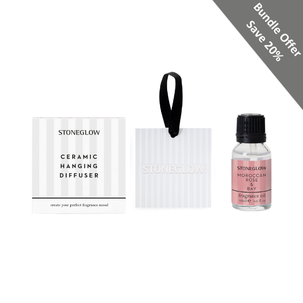 stoneglow Modern Classics - Bundle - Moroccan Rose & Bay Fragrance Oil & Ceramic Square Hanging Diffuser Giftset Bundle