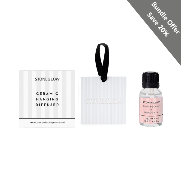 stoneglow Modern Classics - Bundle - Pink Peony & Black Pepper Fragrance Oil & Ceramic Square Hanging Diffuser Giftset Bundle