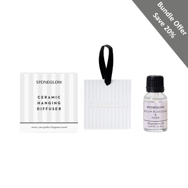 stoneglow Modern Classics - Bundle - Plum Blossom & Musk Fragrance Oil & Ceramic Square Hanging Diffuser Giftset Bundle