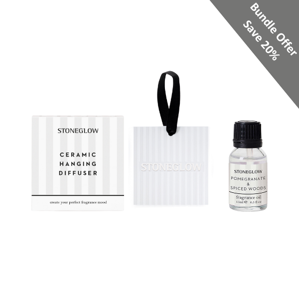 stoneglow Modern Classics - Bundle - Pomegranate & Spiced Woods Fragrance Oil & Ceramic Square Hanging Diffuser Giftset Bundle