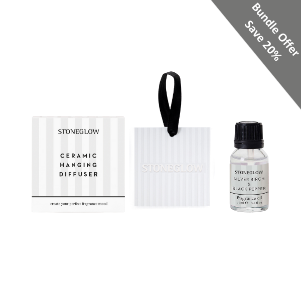 stoneglow Modern Classics - Bundle - Silver Birch & Black Pepper Fragrance Oil & Ceramic Square Hanging Diffuser Giftset Bundle