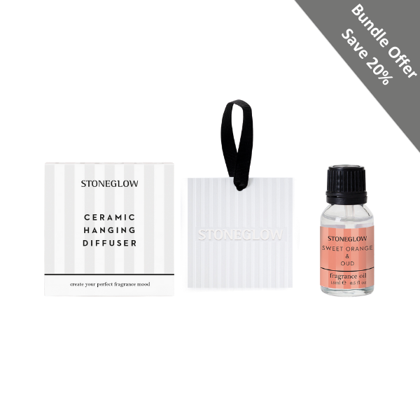 stoneglow Modern Classics - Bundle - Sweet Orange & Oud Fragrance Oil & Ceramic Square Hanging Diffuser Giftset Bundle