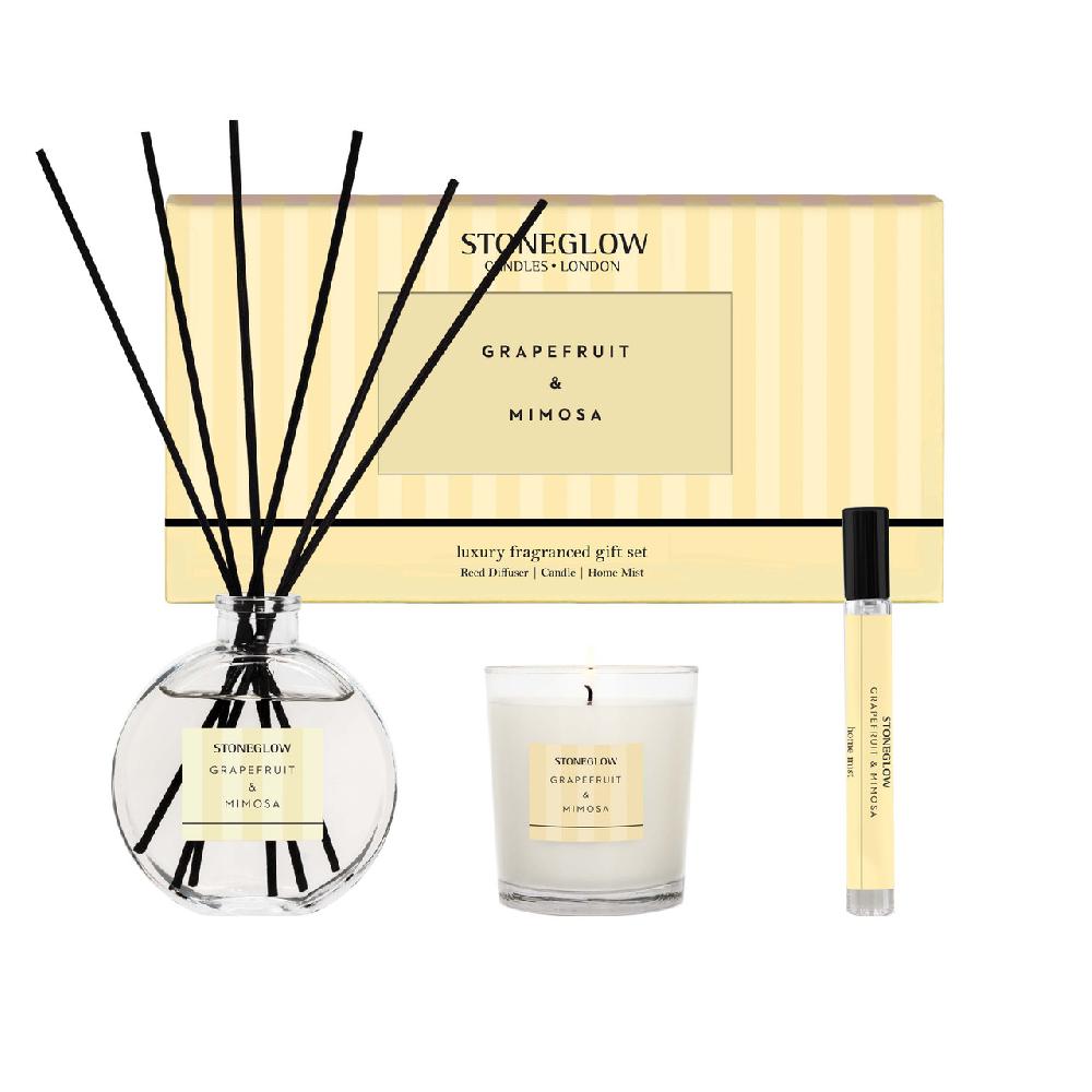 stoneglow Modern Classics - Grapefruit & Mimosa - Gift Set - 120ml Diffuser 15ml Scented Home Mist Spray 9cl Scented Candle