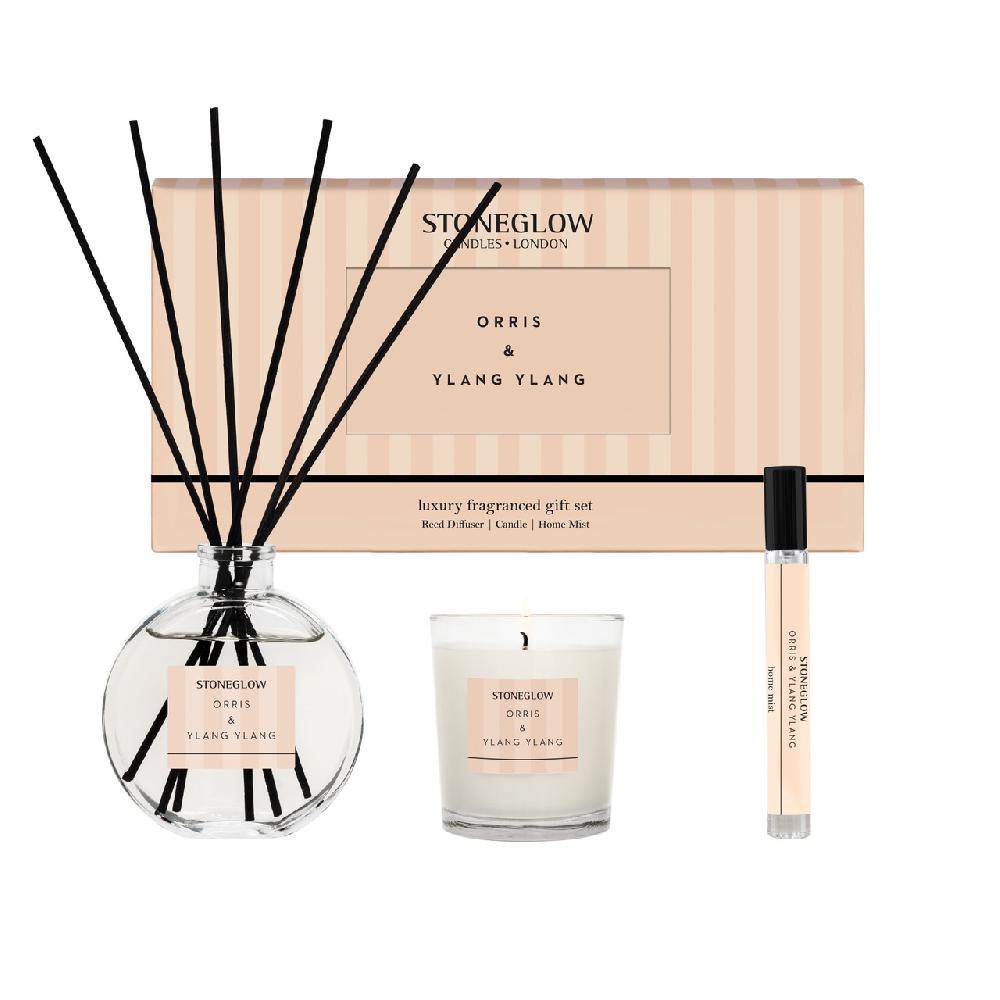 stoneglow Modern Classics - Orris & Ylang Ylang - Gift Set - 120ml Diffuser 15ml Scented Home Mist Spray 9cl Scented Candle