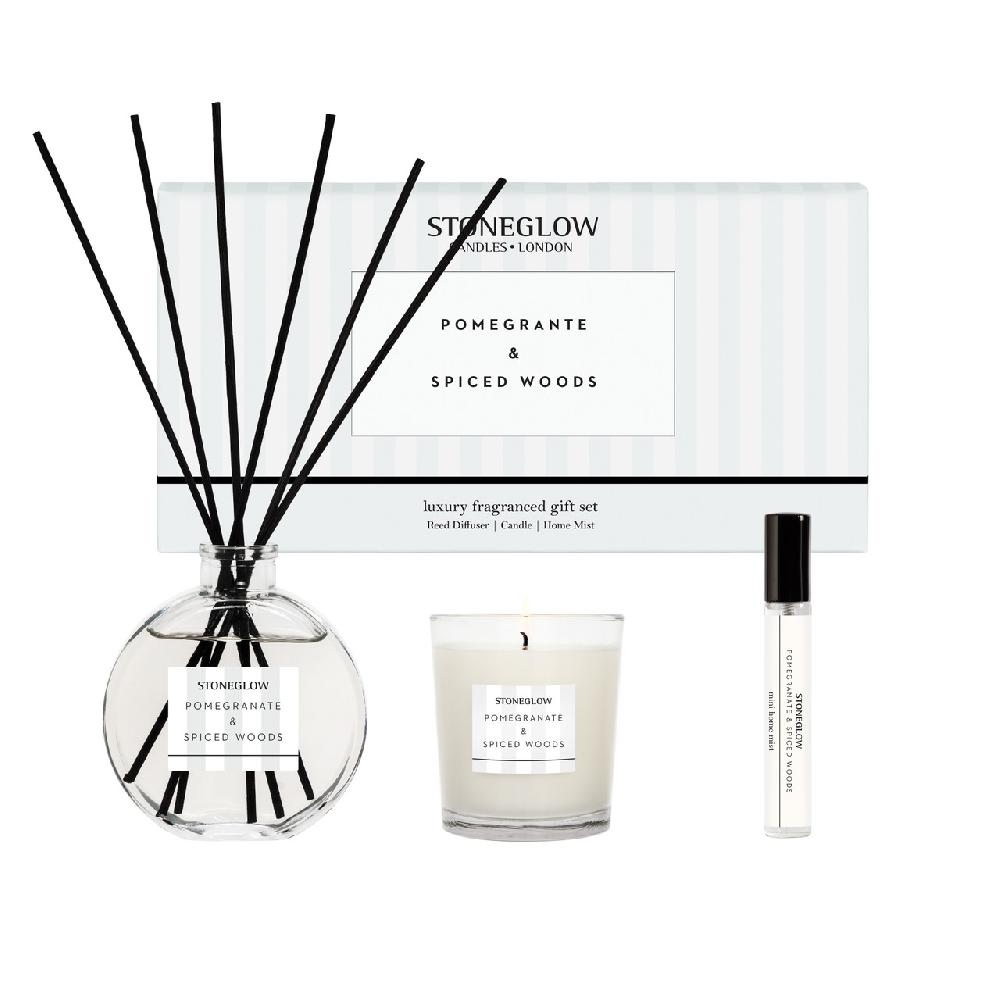 stoneglow Modern Classics - Pomegranate & Spiced Woods - Gift Set - 120ml Diffuser 15ml Scented Home Mist Spray 9cl Scented Candle
