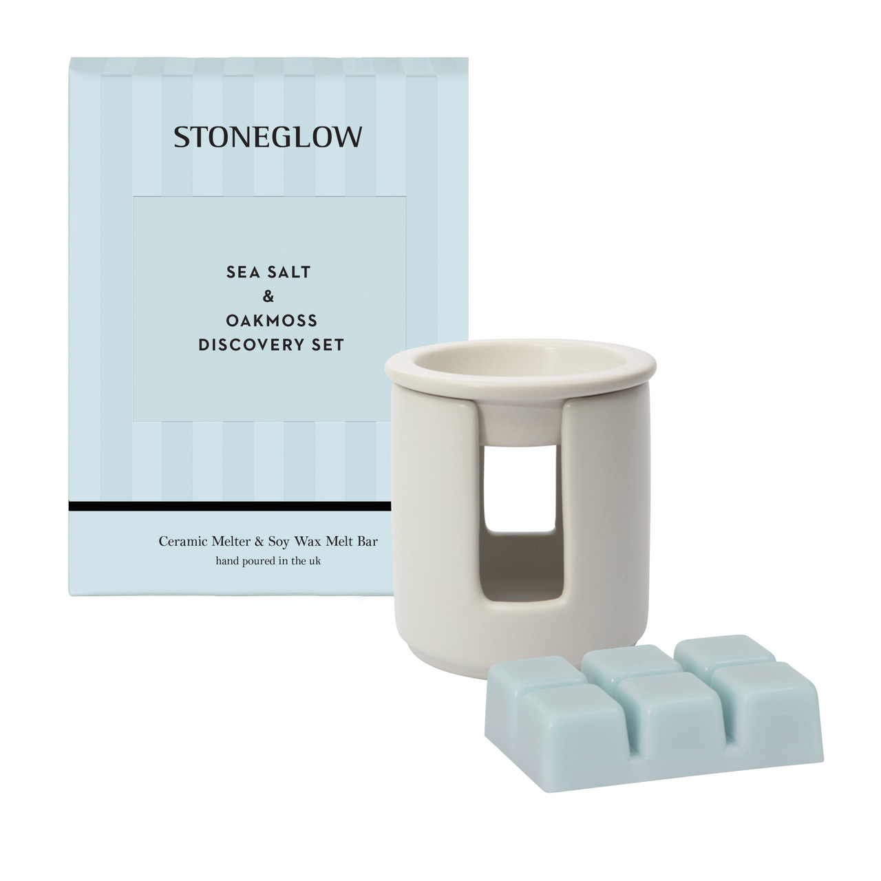 stoneglow Modern Classics - Sea Salt & Oakmoss - Ceramic Wax Melter & Soy Wax Melt Bar Discovery Set