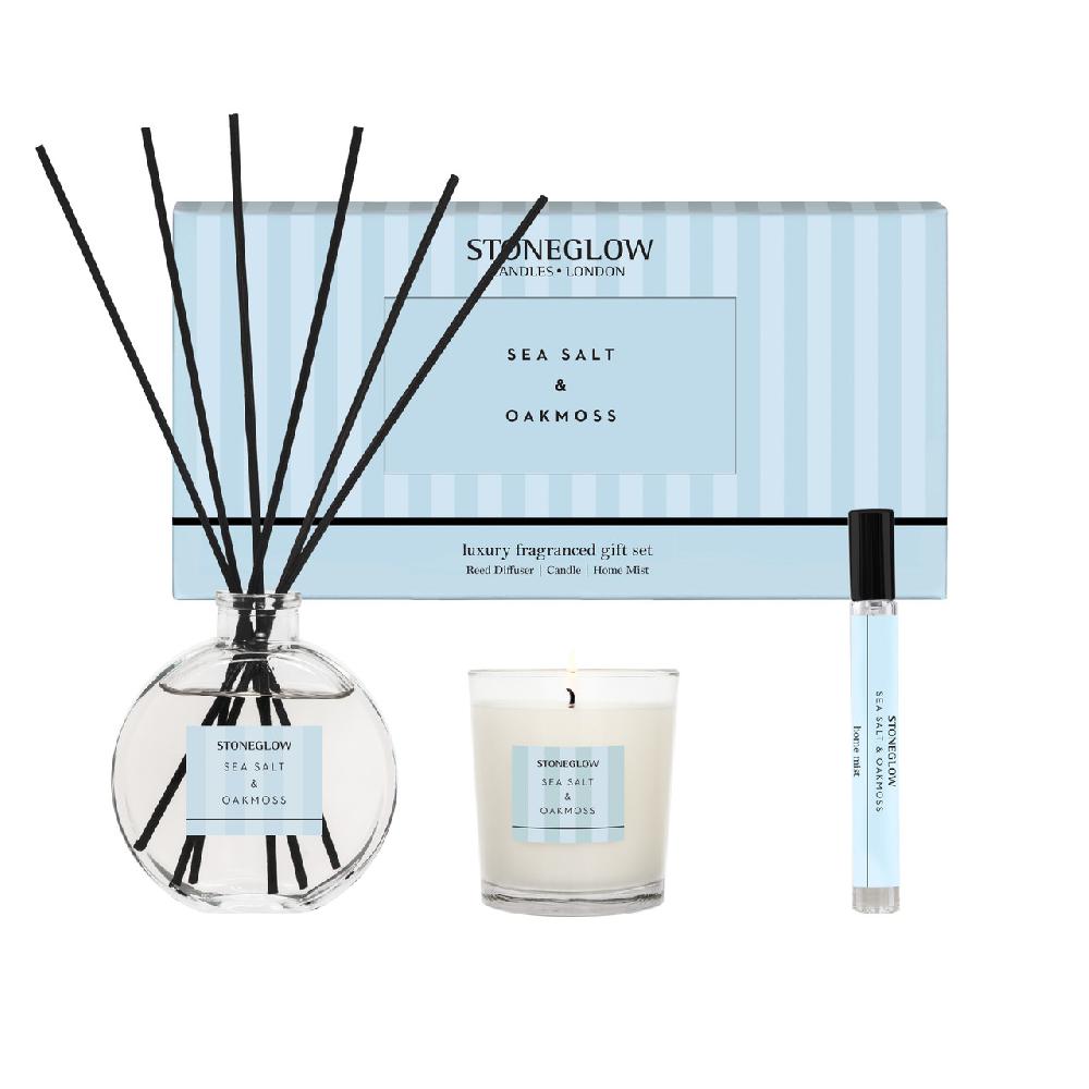 stoneglow Modern Classics - Sea Salt & Oakmoss - Gift Set - 120ml Diffuser 15ml Scented Home Mist 9cl Votive