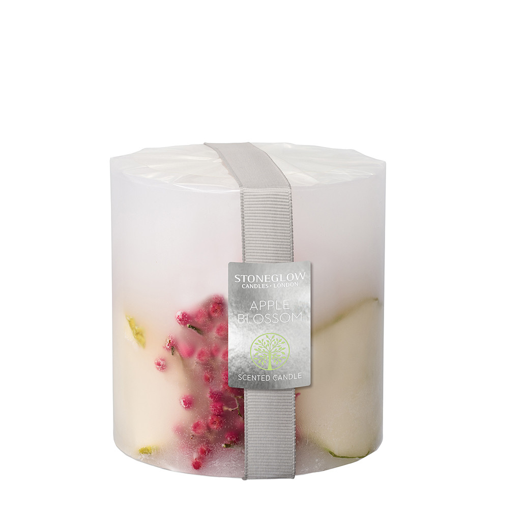 stoneglow Nature's Gift - Apple & Pear Blossom - Scented Botanical Inclusion Pillar Candle (95 x 95mm)
