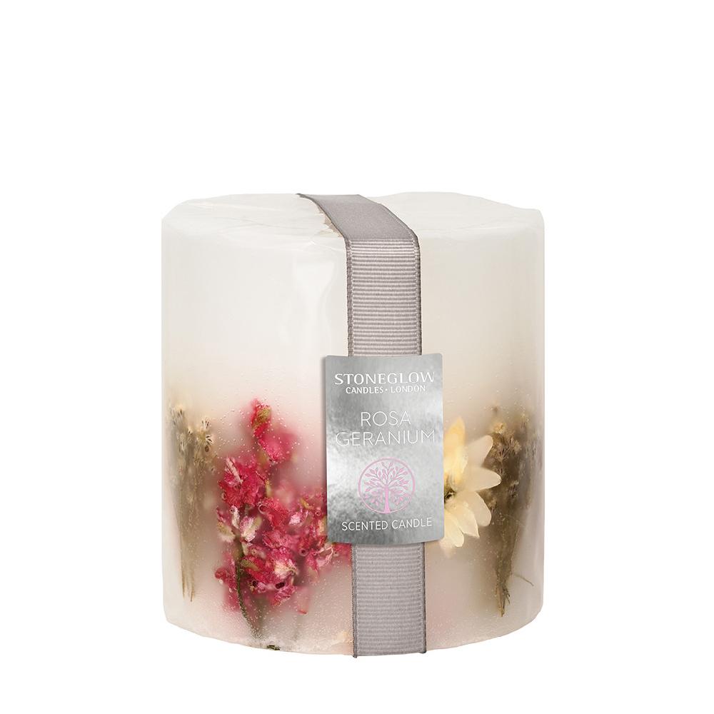 stoneglow Nature's Gift - Geranium Rosa - Scented Botanical inclusion Pillar Candle (95 x 95mm)