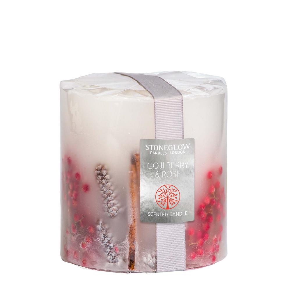 stoneglow Nature's Gift - Goji Berry & Rose - Scented Botanical Inclusion Pillar Candle (95 x 95mm)