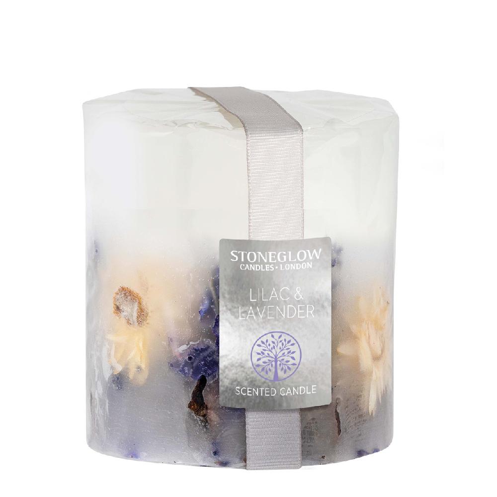 stoneglow Nature's Gift - Lilac & Lavender - Scented Botanical Inclusion Pillar Candle (95 x 95mm)