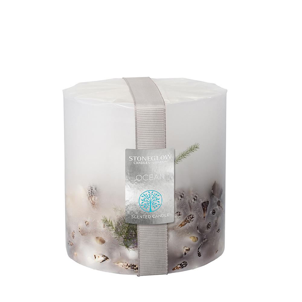stoneglow Nature's Gift - Ocean - Scented Botanical Inclusion Pillar Candle (95 x 95mm)
