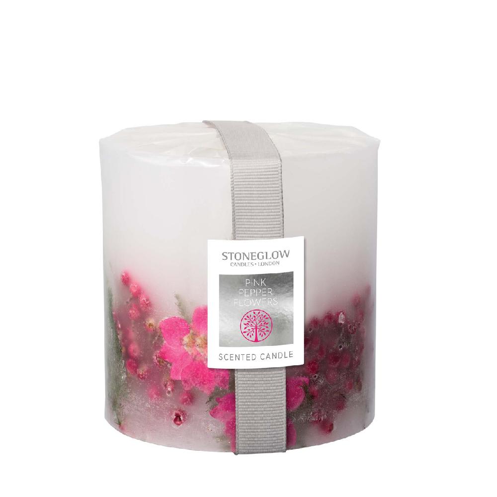 stoneglow Nature's Gift - Pink Pepper Flowers - Scented Botanical Candle - Inclusion Pillar (95 x 95mm)