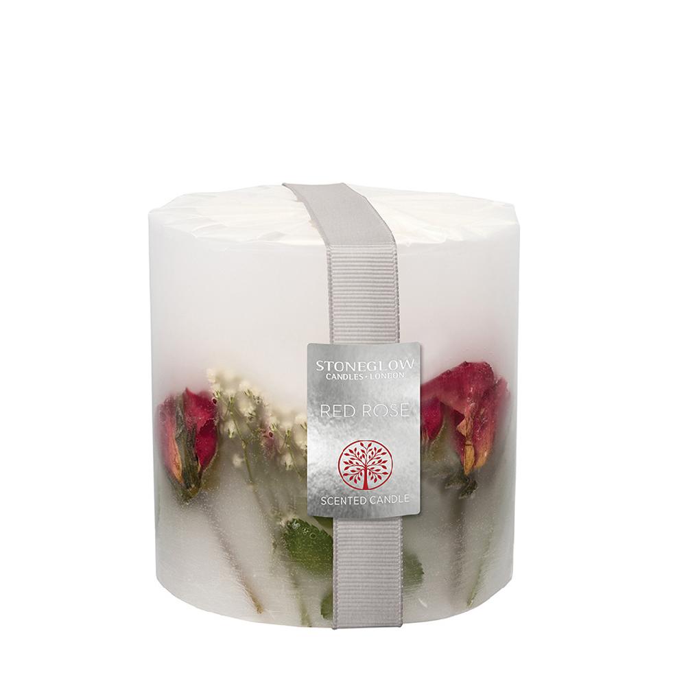 stoneglow Nature's Gift - Red Rose - Scented Botanical Inclusion Pillar Candle (95 x 95mm)